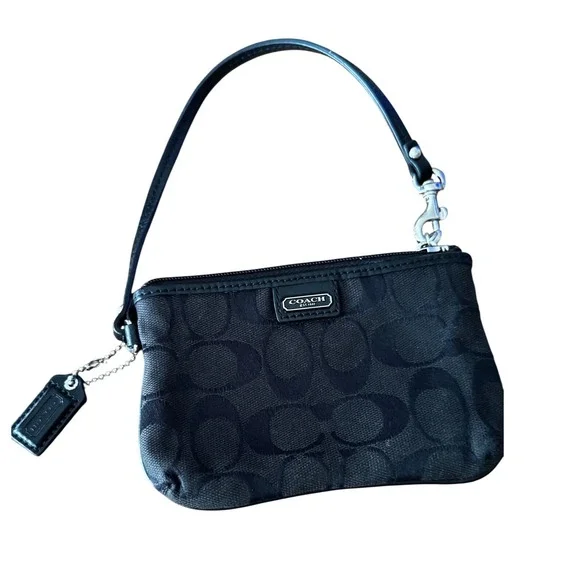 Coach Signature C Black Jacquard Wristlet Pouch Silver Hardware Leather Trim 4x6