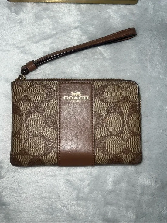 Coach Brown Signature Canvas Wristlet with Leather Trim