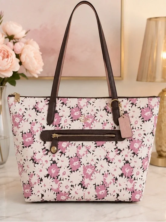 Coach Taylor Pink & White Daisy Floral Print Zip Top Tote/ Shoulder Bag RARE 🌸