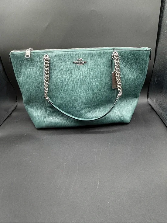 Coach Teal Leather Shoulder Tote with Silver Chain Handles