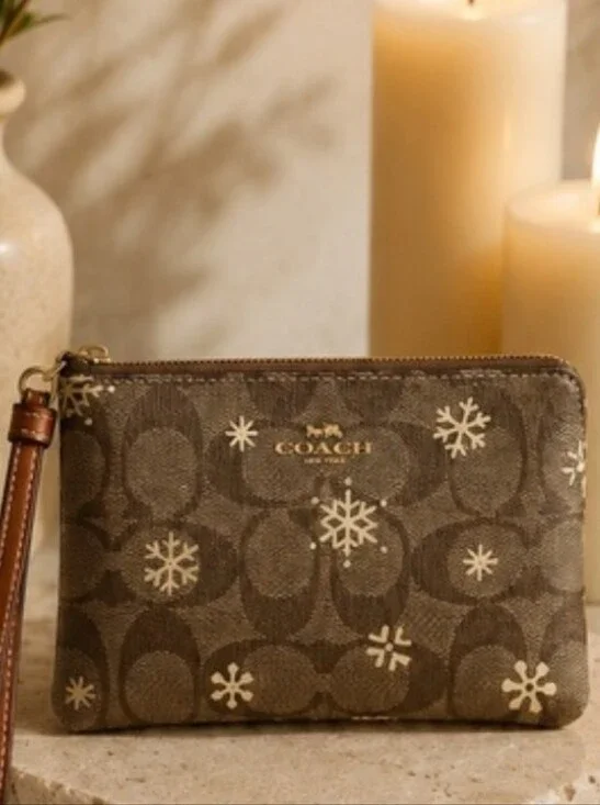 Coach Signature Canvas Wristlet with Snowflake Print