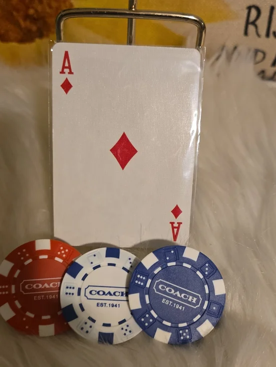 COACH Poker Chip Set with Blue, White & Red Chips 3 Chips And 1 Card