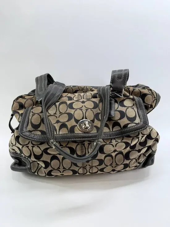 Coach Signature C Canvas Satchel Shoulder Handbag Khaki Black Leather Trim