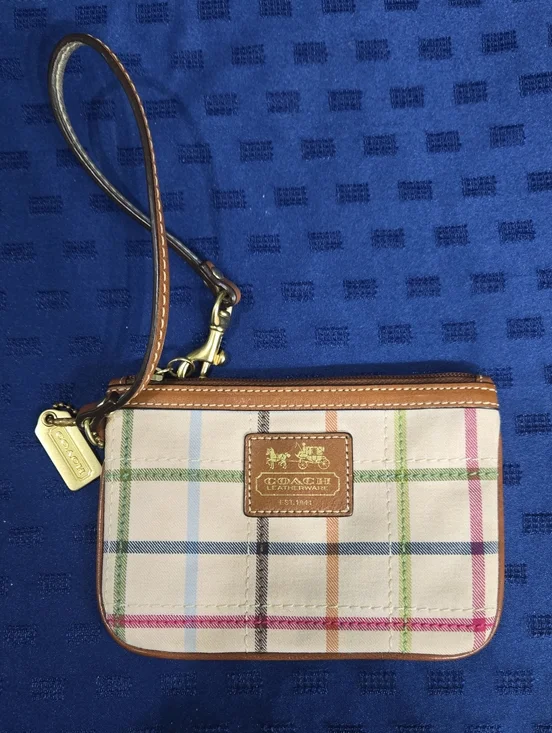 Coach Tattersall Canvas Wristlet with Tan Leather Trim