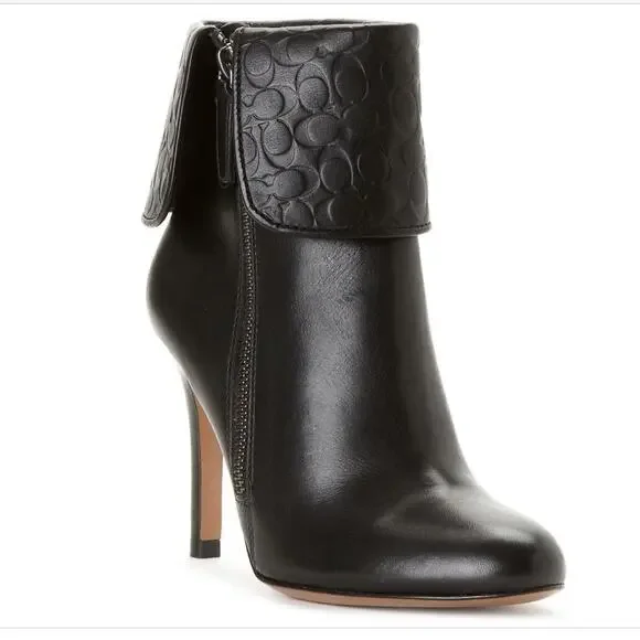 Coach Mackenna Black Leather Slim Heel Ankle Bootie Boot Round Toe Side Zip 9.5