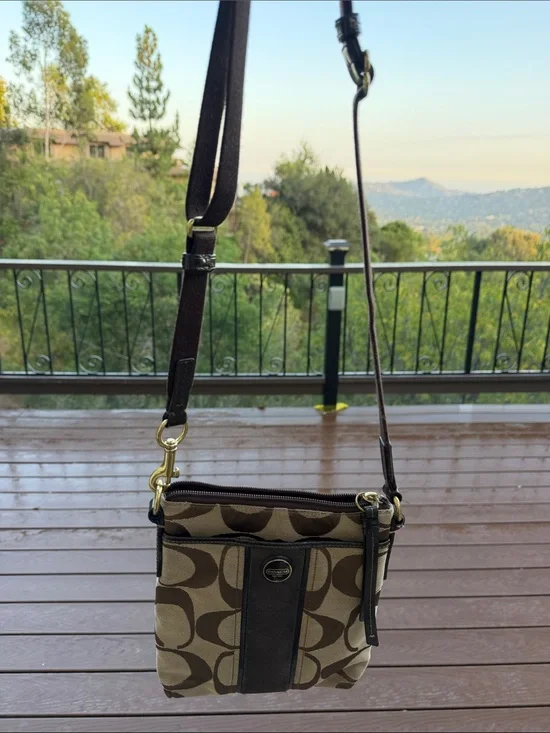 Coach Brown Signature Canvas Crossbody with Leather Trim
