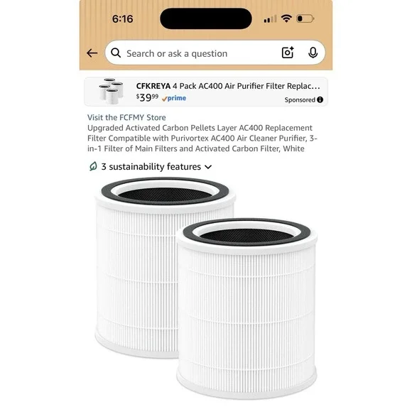 2 Pack AC400 Air Purifier Replacement Filters Compatible w/ Purivortex
