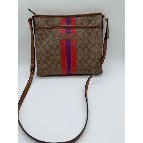 Coach Rowan File Bag Signature Canvas Varsity Stripe Brown Red Purple Crossbody