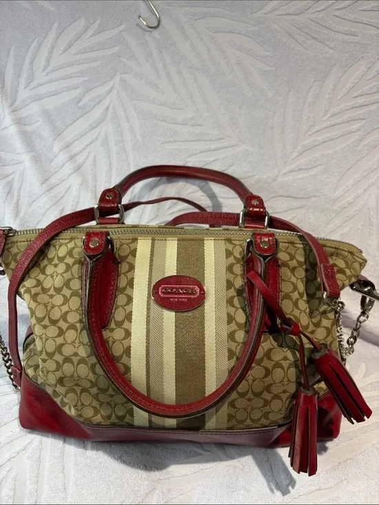 Coach Khaki Signature Stripe Satchel with Red Leather Trim