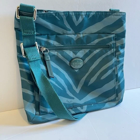 Coach Zebra Print File Bag Teal Nylon Crossbody