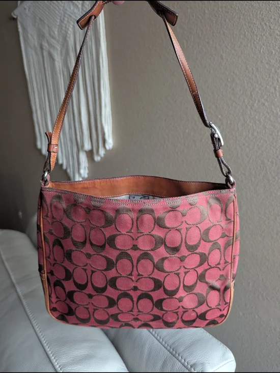 Coach Signature Canvas Shoulder Bag in Pink and Brown