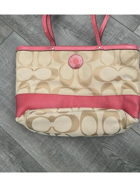 Coach Beige Signature Tote with Coral Pink Trim