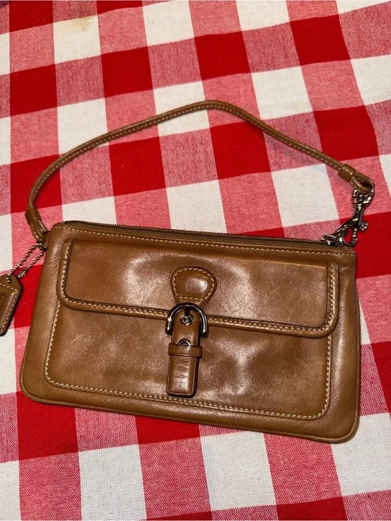 Coach Tan Leather Wristlet Clutch with Buckle Detail