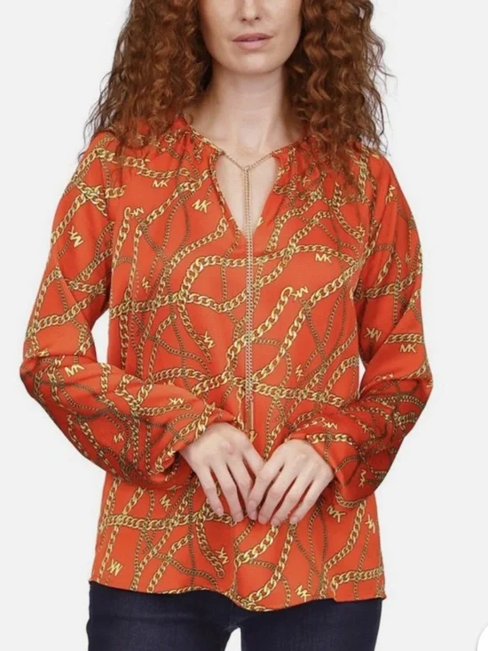 Michael Kors Orange Chain Tie Logo 3/4 Zip Popover Top
