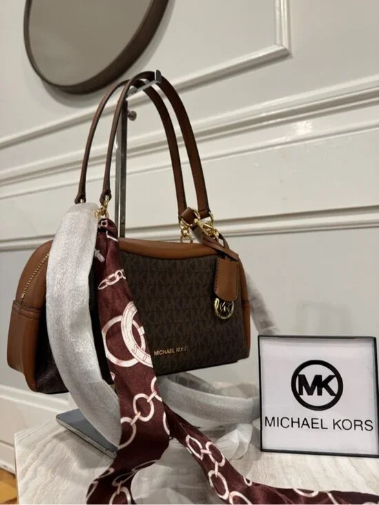 Michael Kors Bag Jet Set Signature Brown Leather Satchel Crossbody