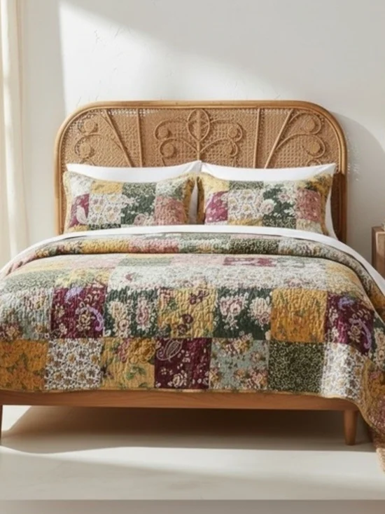 NEW FULL Patchwork Floral Quilt Set in Mustard, Green & Burgundy