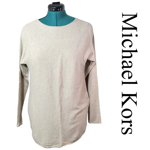 Michael Kors Tunic Sweater Women Small Beige Knit Long Sleeve Crew Neck Designer