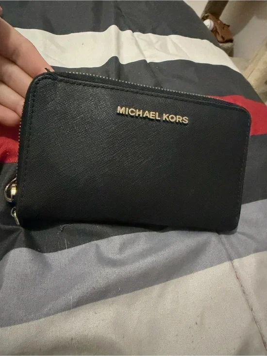 Michael Kors Black Zip Around Saffiano Wallet with Gold Logo