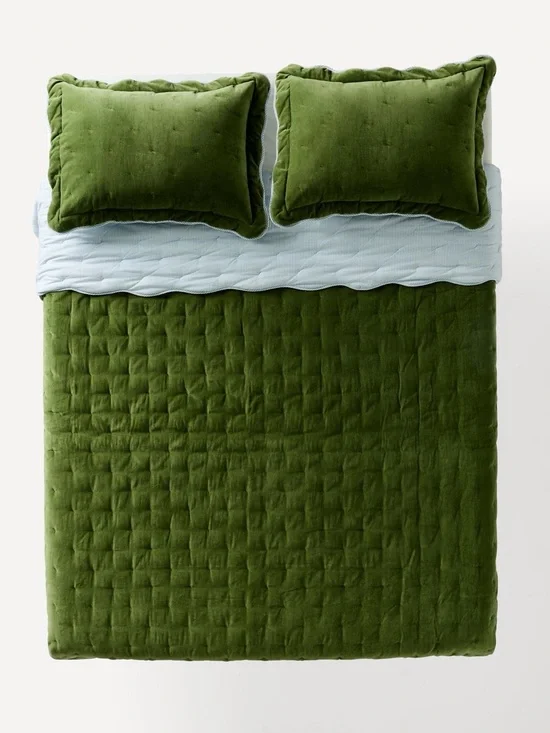 Anthropologie Abbott Cotton Velvet Solid Scalloped Quilt and 2 Shams, Green