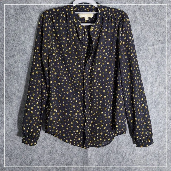 Michael‎ Kors Blouse Women M Black Gold Stud Print Grommet Neck Button Front Top