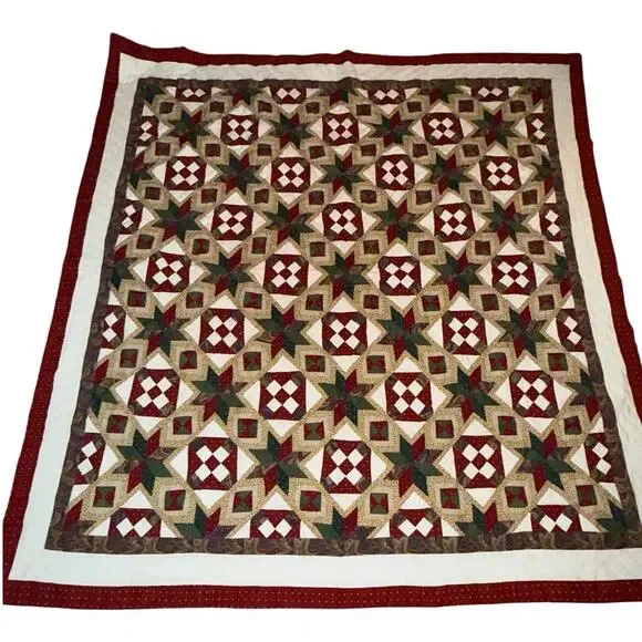 Handmade Vintage Cotton Quilted Ohio Star Patchwork Christmas Quilt Queen Size