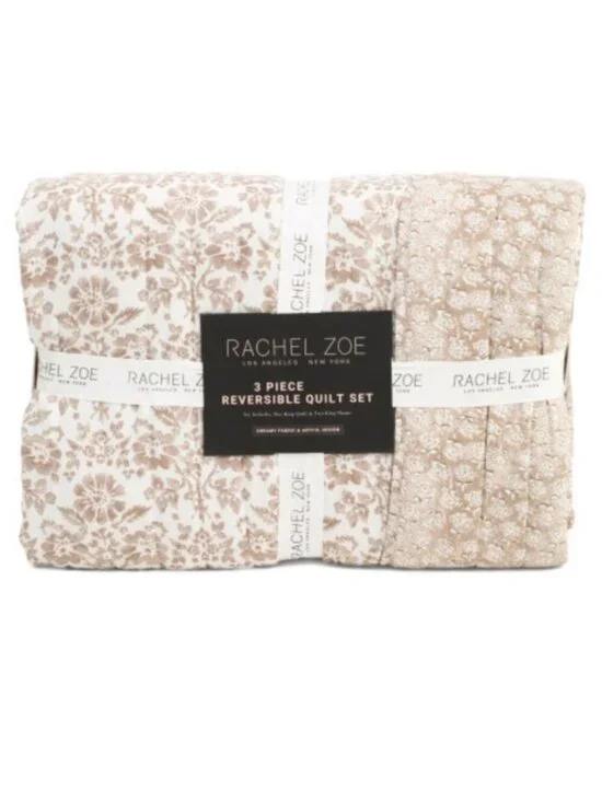 Rachel Zoe Reversible Quilt Set in Beige Floral and Cream Texture