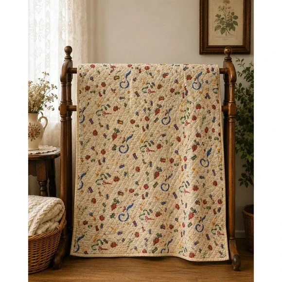 Handmade Sewing Theme Quilt Throw Blanket Scissors Spools Fabric 51x40 Cottage