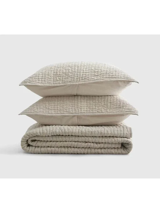 Quince European Linen Cotton Stitch Quilt Set Full Queen Natural NWT