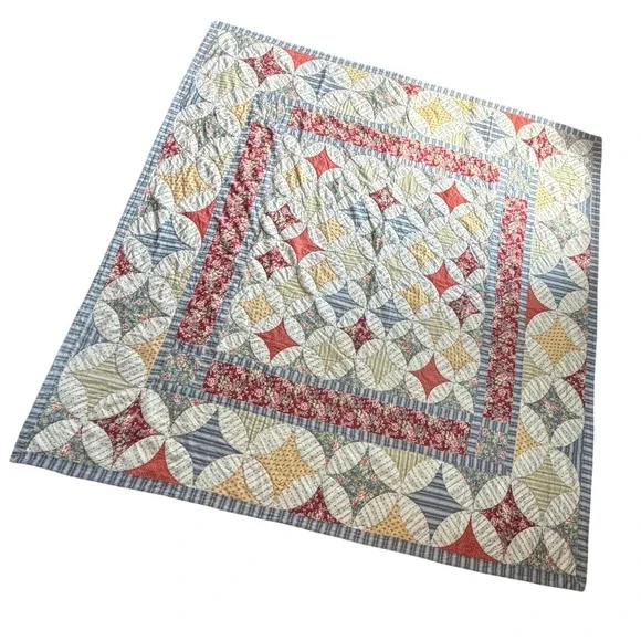 Amish Hand Stitched Cathedral Window Patchwork Quilt Red Yellow Floral 87x84