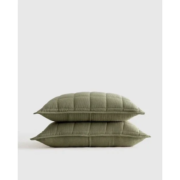 Quince Organic Cotton Gauze Box Quilt Sham Set King Olive Set of 2 $54.90  New