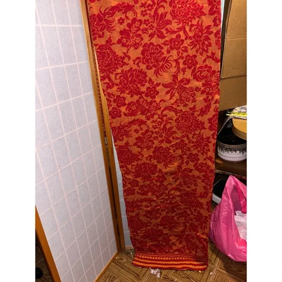 Vintage Morgan Jones Red Orange Floral Damask Woven Twin Bedspread Made in USA