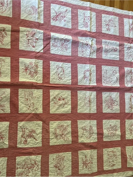 Vintage/ Antique Hand-Quilted Redwork Patchwork Quilt - Red and Cream