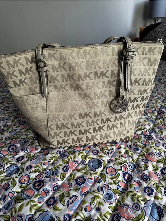Michael Kors Grey MK Logo Tote with Silver Tone Charm