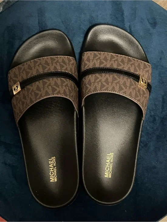 Michael Kors Brown and Black Monogram Slide Sandals