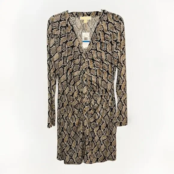 Michael Michael Kors Snake-Print Long Sleeve Button Front Ruched Dress XL