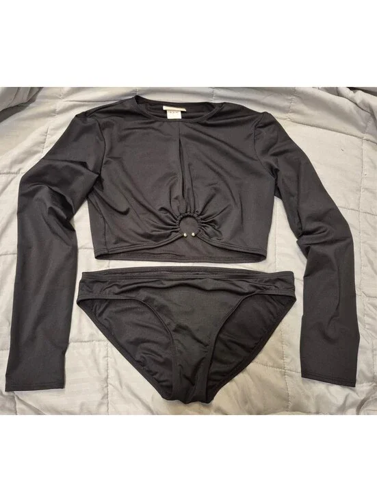 Michael Kors Black Long Sleeve O-Ring Cutout Bikini Set