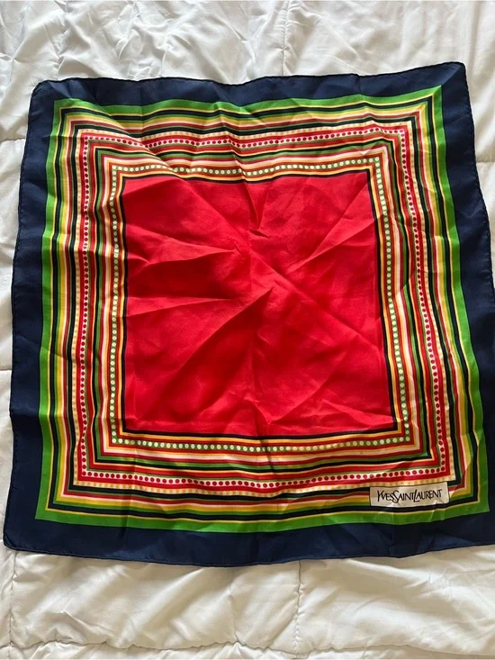 Yves Saint Laurent Red, Navy & Green Silk Square Scarf