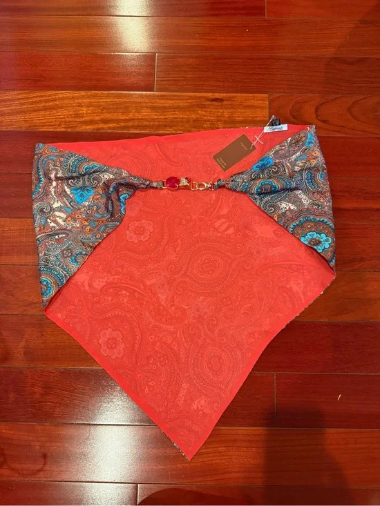 Red Paisley Handkerchief Scarf with Blue Paisley Accent and Beaded Detail