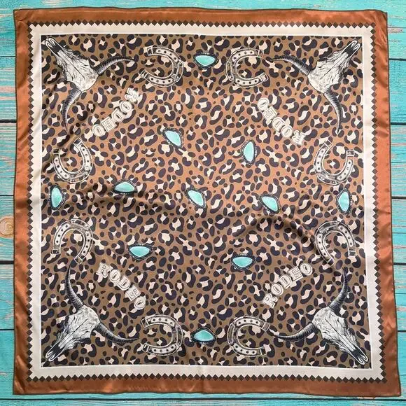 Western Longhorn Print Silky Wild Rag | 36x36 | Mocha & Turquoise