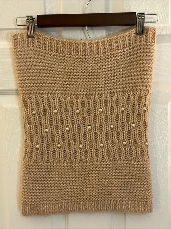 Betsey Johnson Knit Infinity Scarf Pearl Embellished Beige Oatmeal One Size