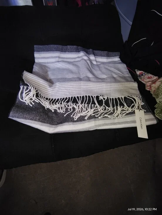 Calvin Klein White and Gray Striped Fringe Scarf