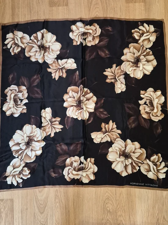 Vintage Adrienne Vittadini 100% Silk Floral Square Scarf Black Brown