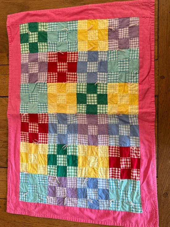 Vintage Colorful Patchwork BabyDoll Quilt with Pink Border