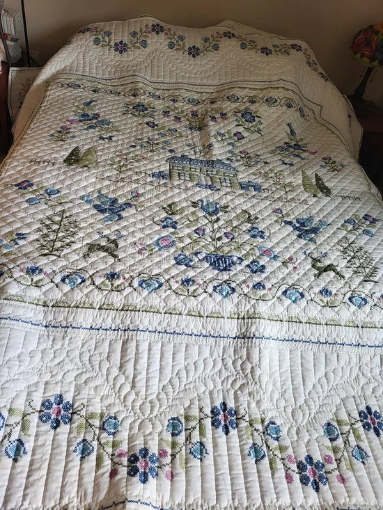 1970s Paragon #01171 American Sampler Cross Stitch Quilt Queen Signed/Dated