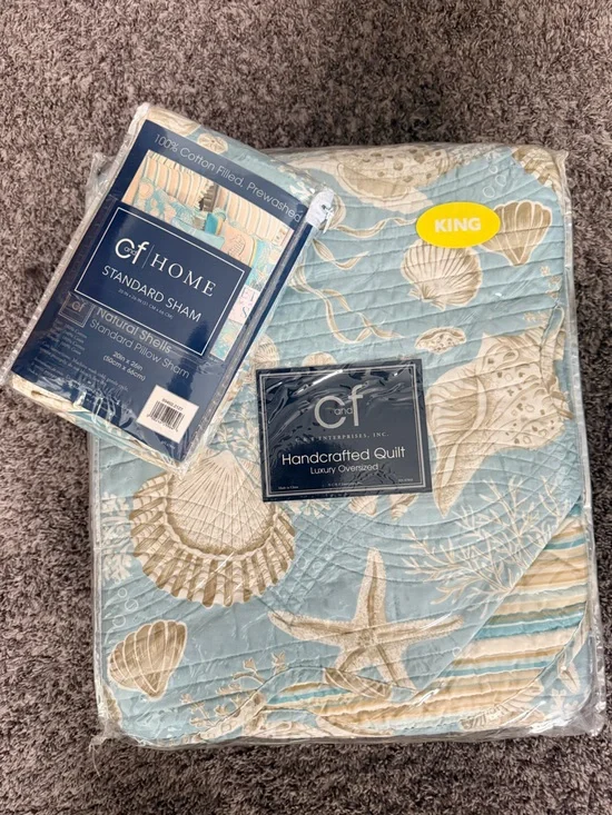 C&F Home Natural Shells Oversized Full Queen Quilt + Standard Sham NWT Coastal