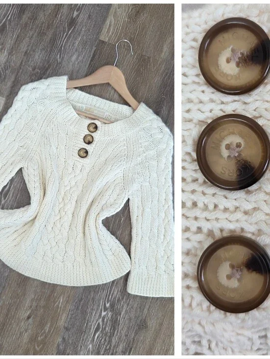 Michael Kors Wool Cable Knit Button Sweater Ivory Cardigan Boho Fall Chunky Knit