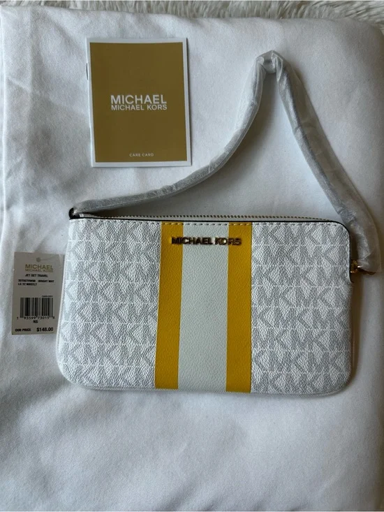 Michael Kors Jet Set Travel Large Logo Stripe Wristlet White Yellow Zip Clutch
