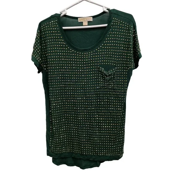 Michael Michael Kors Womens Top Large Green Gold Studded Short Sleeve Pocket Tee