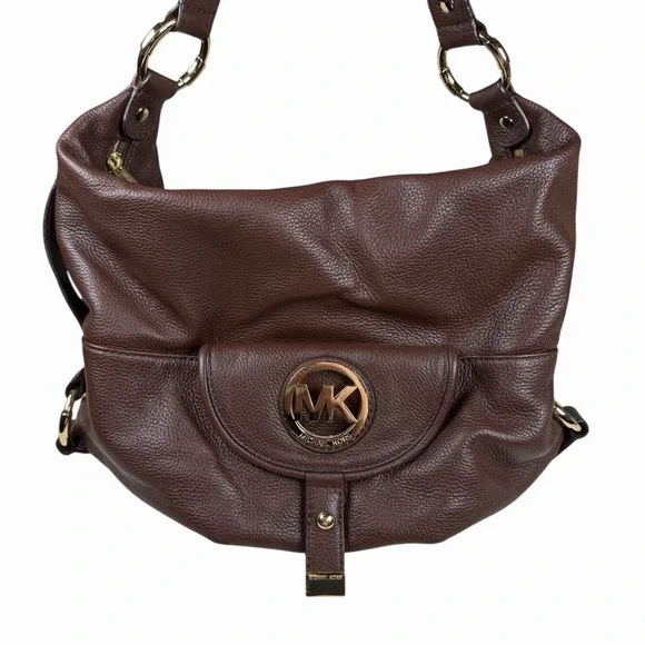 Michael Kors Pebbled Leather Hobo Handbag Shoulder Bag in Brown, Gold Hardware‎