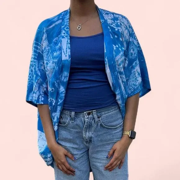 Blue and white tie-dye kimono
